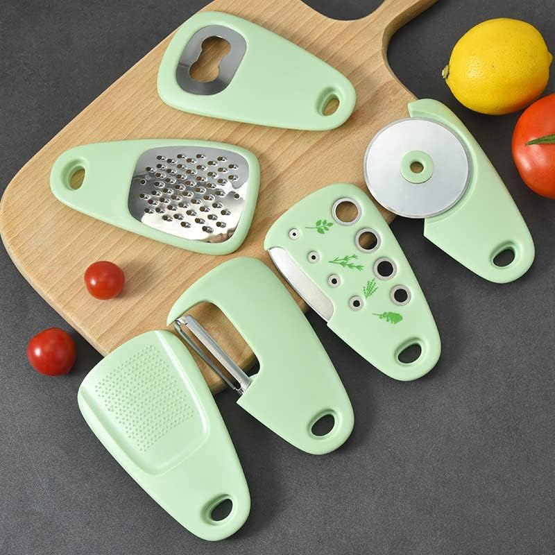 Image of Unique Kitchen Gadget, 6 Piece Set, Space Saving, Camper Must Haves,Kitchen Accessoeries, Cheese Grater, Bottle Opener, Fruit /Vegetable Peeler, Pizza Cutter, Garlic /Ginger Grinder