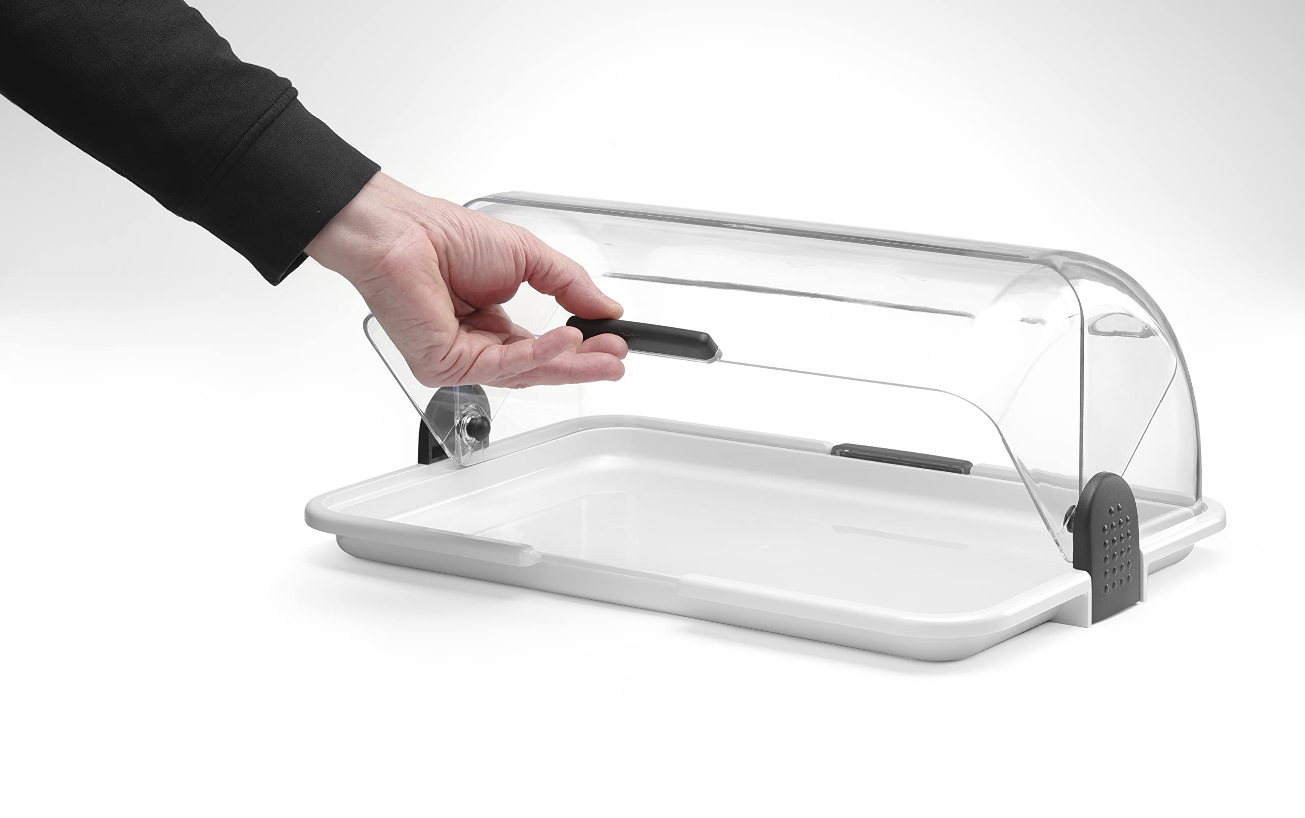 HENDI Vitrine de présentation à couvercle coulissant roll-top, Simple | Base en PP, couvercle transparent en PS, ouverture des deux côtés, compatible lave-vaisselle, 465x315x(H)195mm