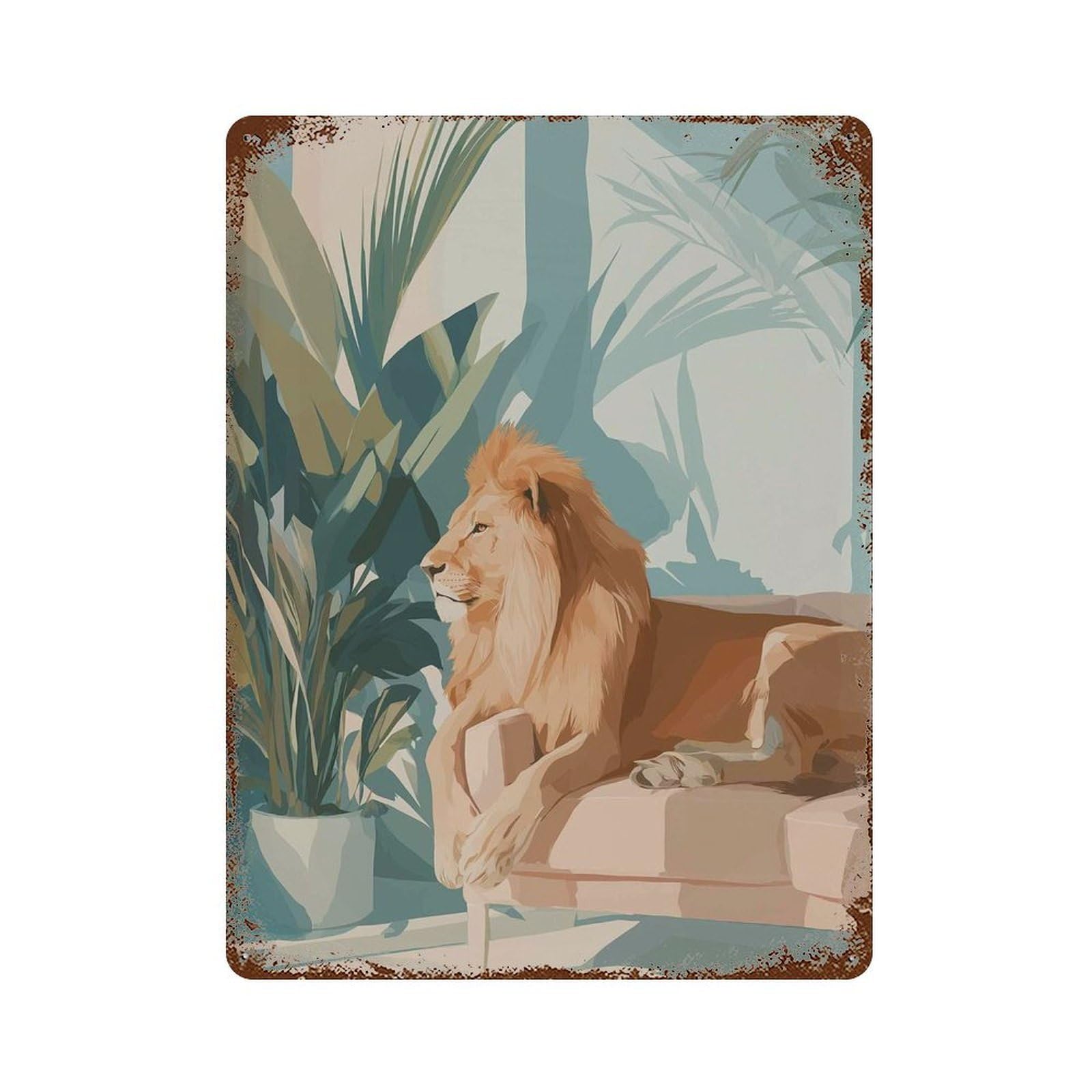xiaoxiaoshen Lion on Sofa Modern Jungle Animal Minimal Tropical Relaxed Safari Style Neutral Wall Decor Art Metal Tin Poster Modern Home Decor Art Home Bar Shop Decorations Vintage Sign 40x30cm