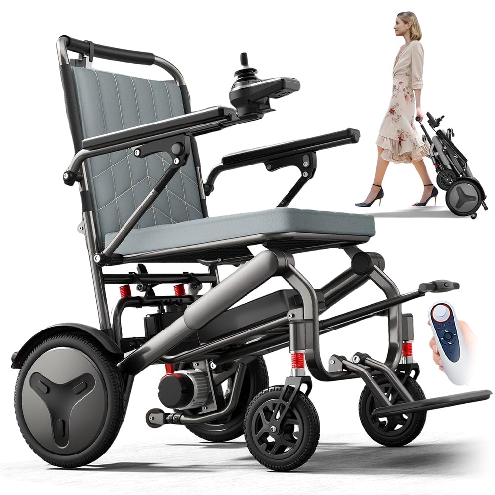 Silla de ruedas eléctrica plegable, ultraligera de 14,9 kg (sin batería), motor sin escobillas de 400 W, batería de litio extraíble de 12/20/30 Ah, alcance de hasta 50 km, control remoto