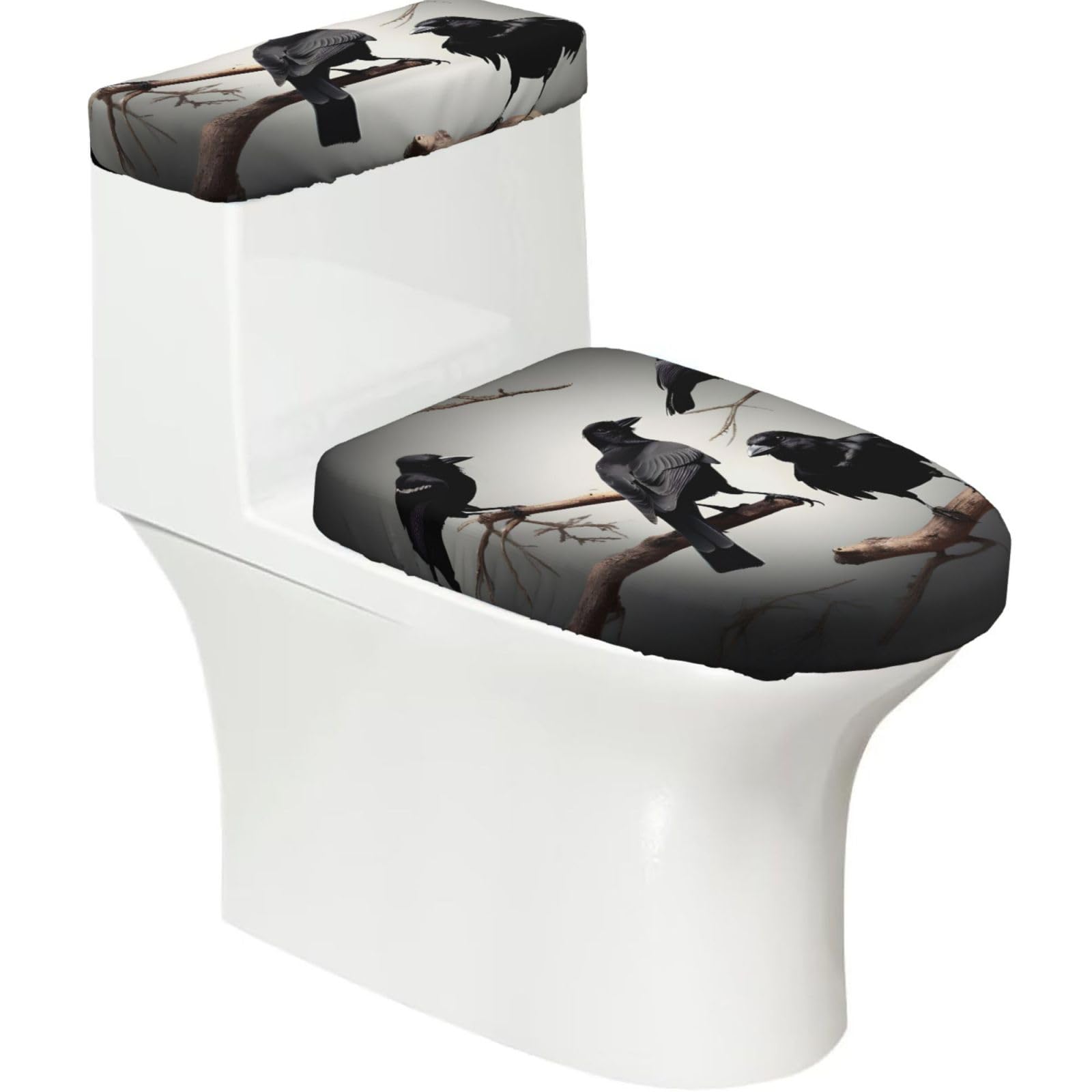 Black Crow Birds on a Branch Printed Toilet Tank and Lid Cover Set of 2 for Most Bathrooms, Fits Elongated Round Toilets
