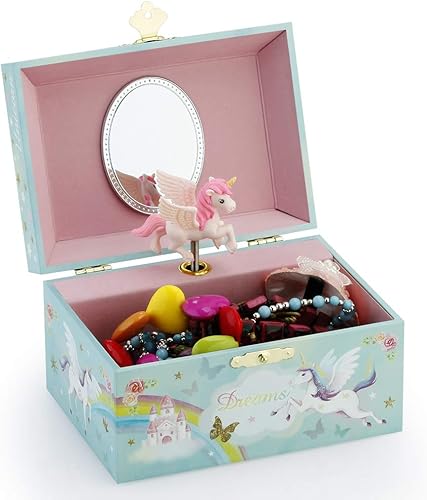 Miniatura 3 de RR ROUND RICH DESIGN Joyero musical con purpurina y juego de joyas para niñas pequeñas con unicornio giratorio y arco iris, azul Danubio Tune azul