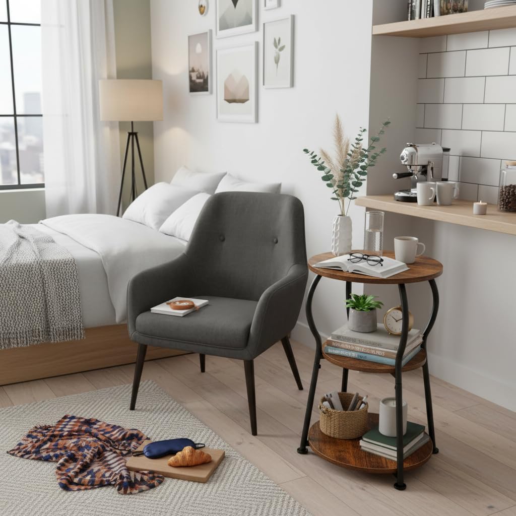 Small Round Side Table for Small Spaces, 3 Tier Round Bedside Table Wood,Corner Round Tables for Living Room, Lightweight Portable Vintage End Tables for Tiny Space