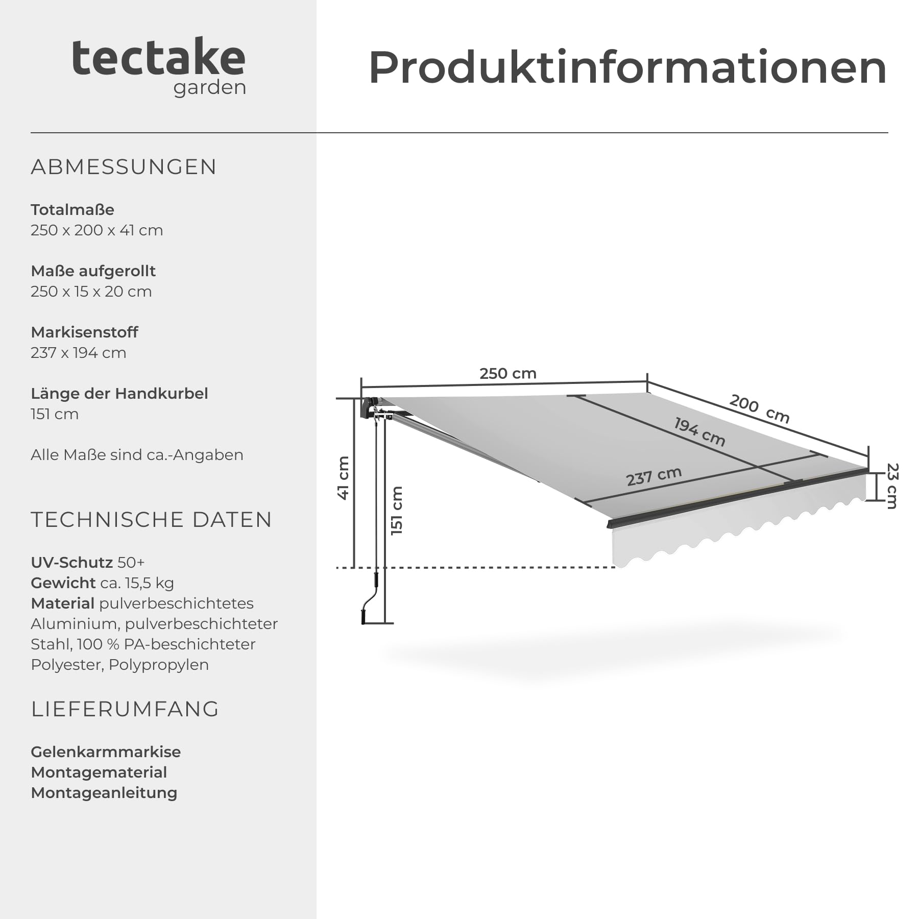 tectake® Gelenkmarkise, Markise ausziehbar mit Gelenkarm, Sonnenmarkise mit Wandhalterung, Sichtschutz Garten, Sonnenschutz Balkon, 