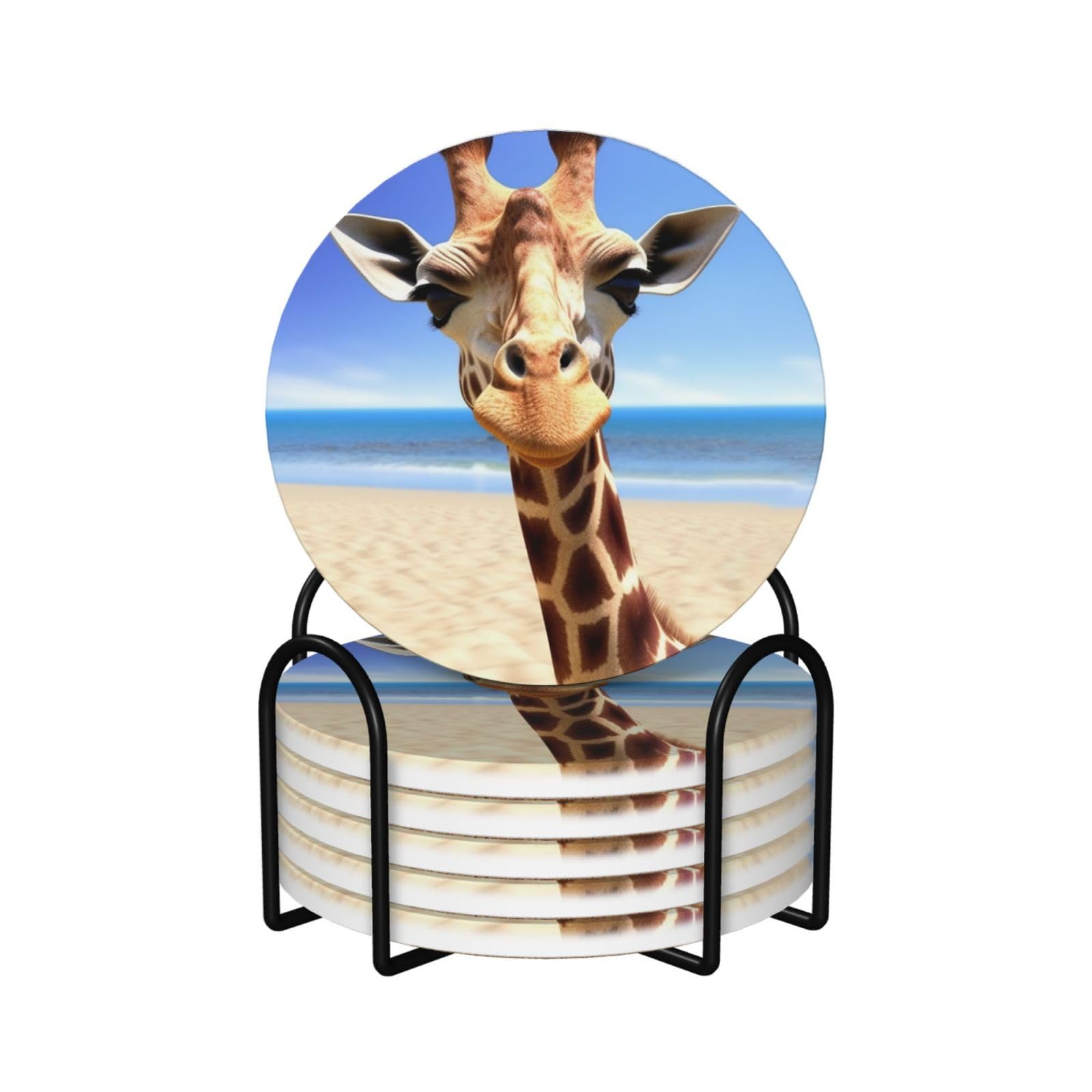 Beach Giraffe Print Coasters for Drinks Set of 6 with Holder Cork Base Cup Coaster Absorbent Ceramic Cup Mat for Home Dining Room Decor