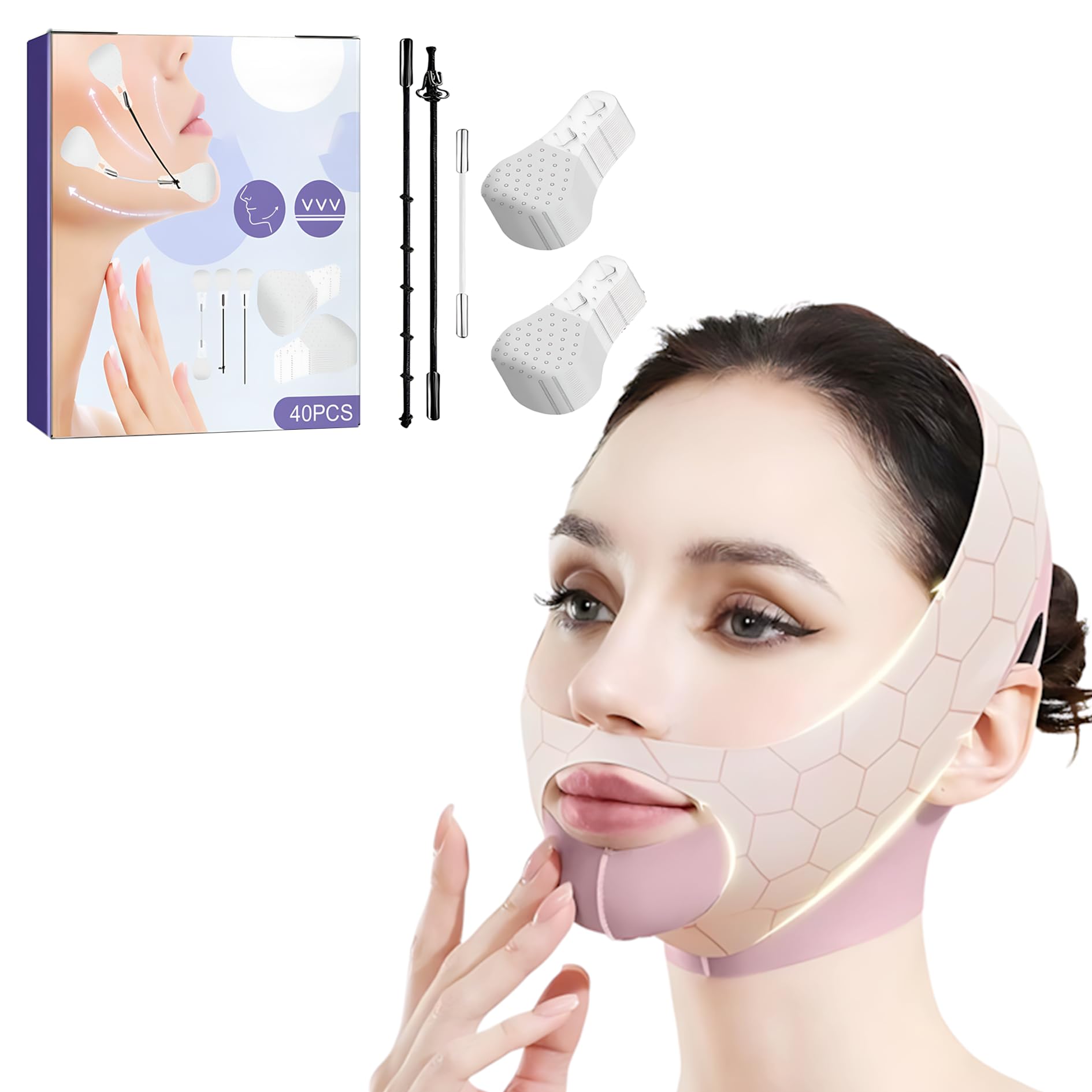 Chin Lift Mask Chin Strap for Sleeping Face V Line Face Mask Jawline Strap Skin Firming and Shaping Uniform Reusable Contains 40 Lifting Patches (Pink)