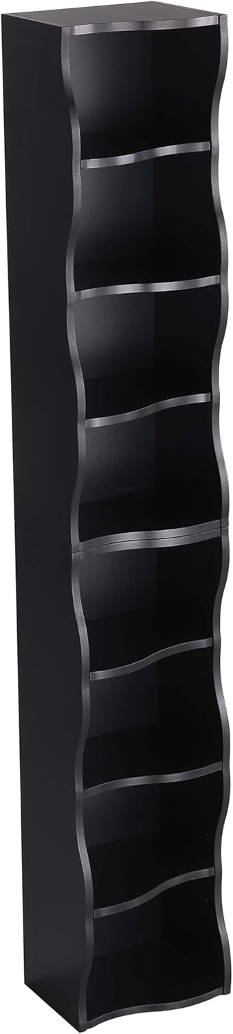 Bookshelf, 8 Tier Adjustable Shelves Narrow Bookcase with Wave Design, 71 inch Tall Storage Shelf for Home Office, Living Room (Black)
