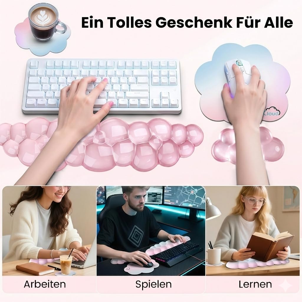 Juego de accesorios para gaming, reposamuñecas teclado y alfombrilla de ratón, reposamuñecas teclado para aliviar el estrés, rosa Cloud Desk