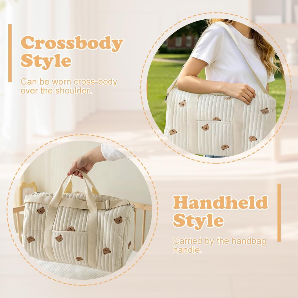 Lot de 2 sacs à langer - En coton avec broderie et motif ours en peluche - Sac de voyage avec bandoulière et fermeture éclair - Pour naissance à l'hôpital, voyage, poussette