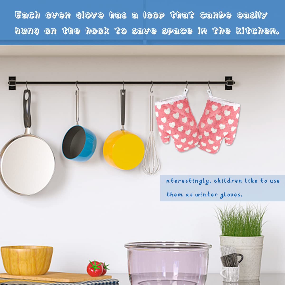 DOERDO 2 Pack Kid Oven Mitts for Children Heat Resistant Kitchen Mitts, Great for Cooking Baking, Age 4-12 (7"x4.7", Sweet Heart) - Image 5