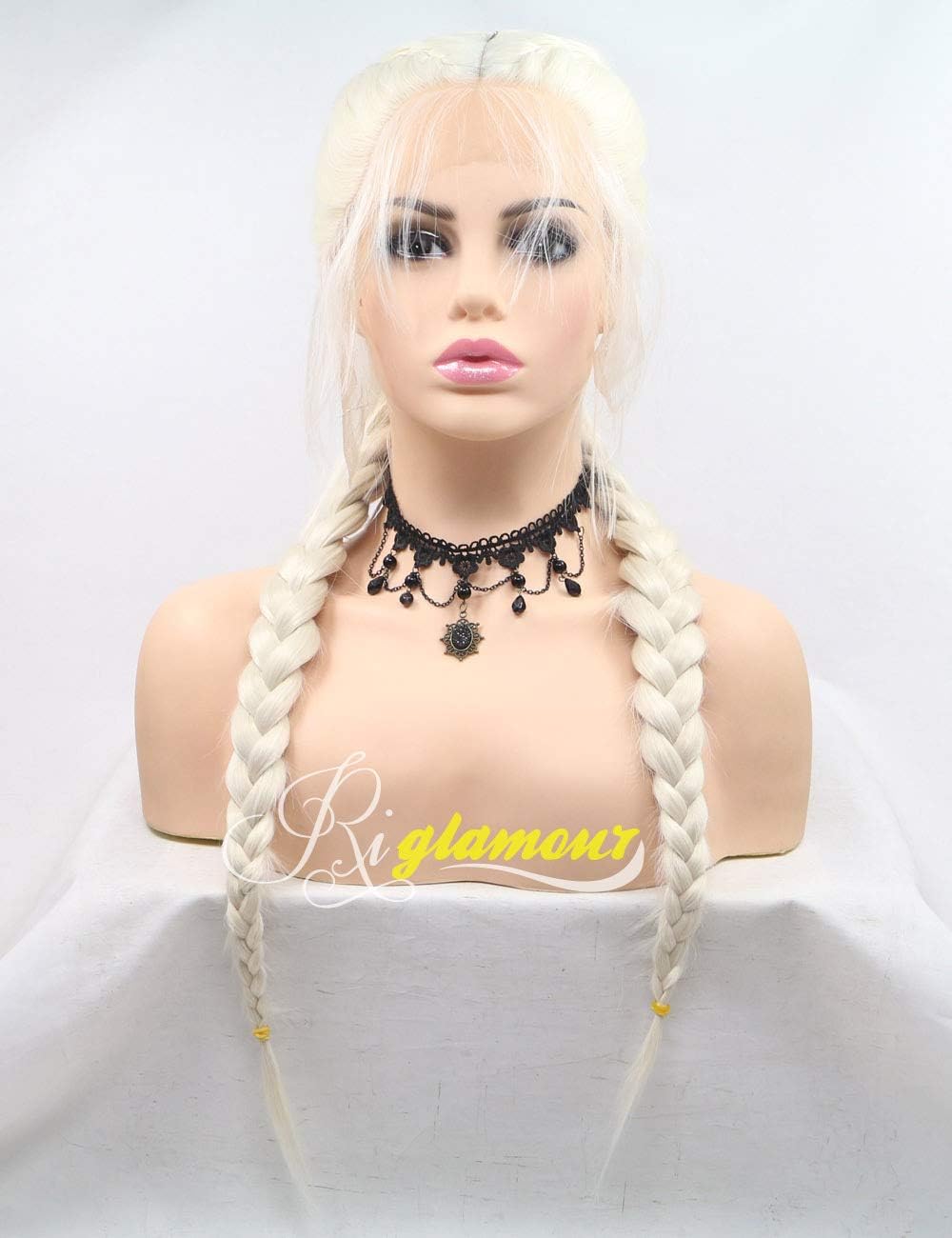 Riglamour Platinum Blonde Braided Pigtail Wig Lace Front Natural Looking Hair Parting Double Braids Wigs with Baby Hair Long Synthetic 100% Fiber Hair (Blonde #60)