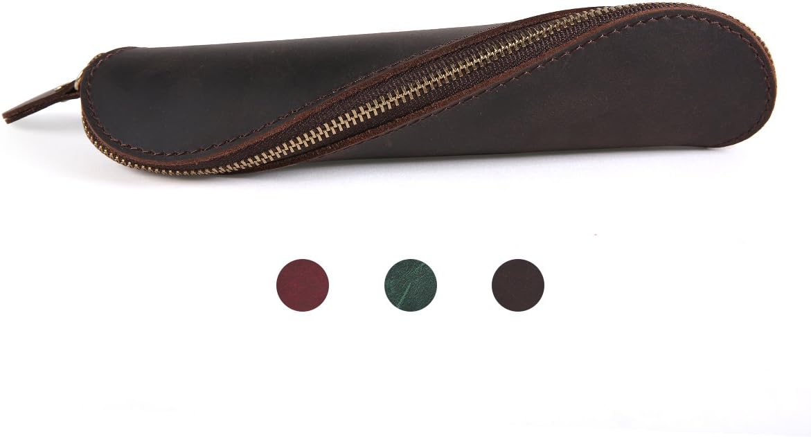 Genuine Leather Pencil Pouch Pen Holder Cosmetic Bag Lipstick Organizer Travel Makeup Case Full Grain Leather L7.9'' x W2'' (Brown)