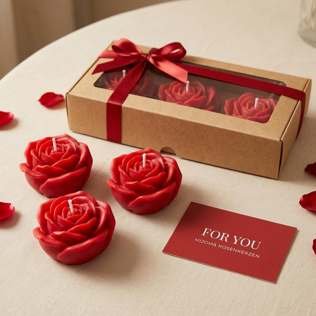 MIJOMA Set di 6 candele a forma di rosa, senza profumo, circa 6 x 4 cm, set regalo con elegante confezione, decorazione per occasioni romantiche