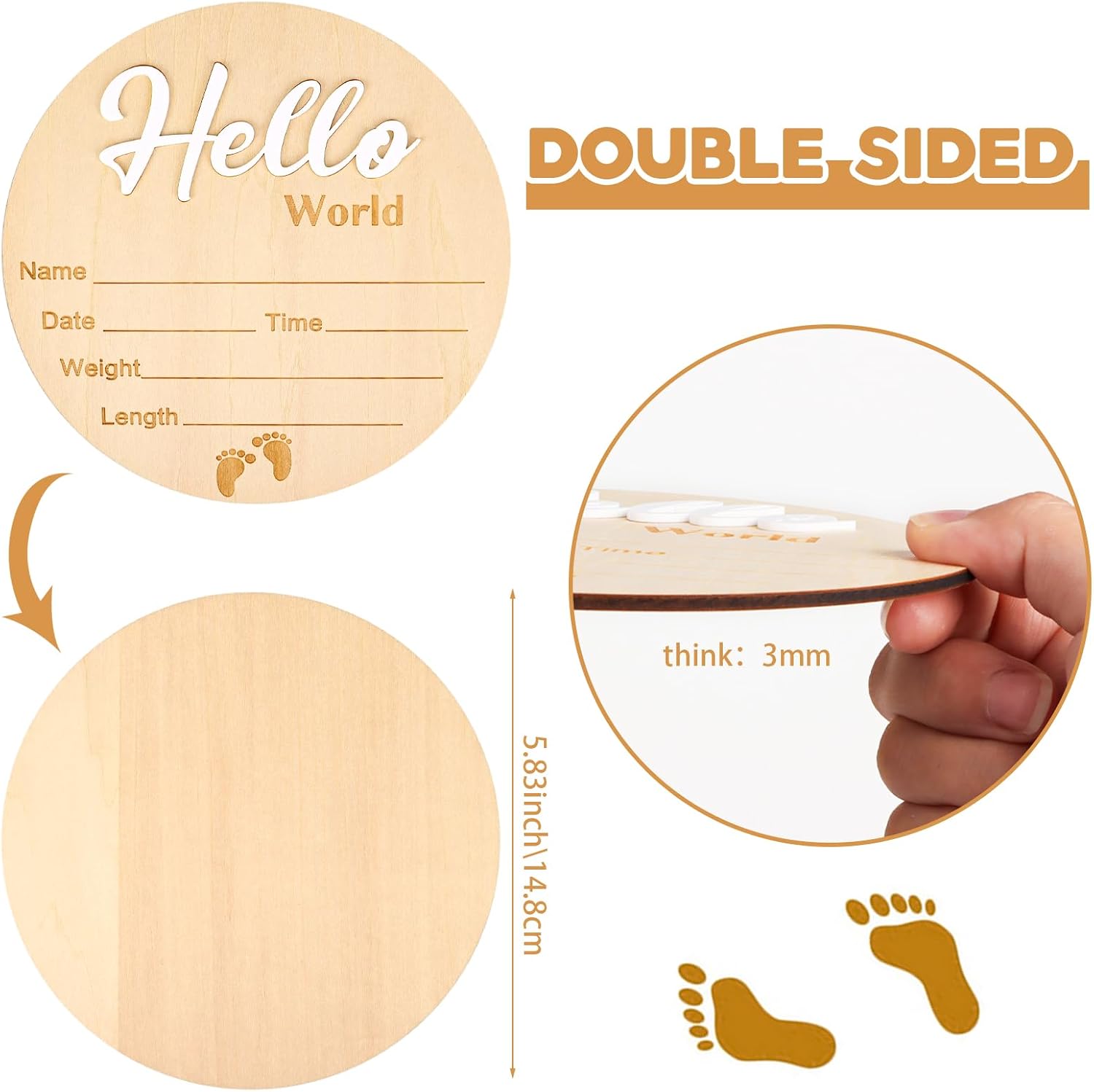 Baby Birth Announcement Sign 5.9 Inch Hello World Newborn Name Wooden Plate for Hospital Nursery Birth Announcement Nursery Nursing Room New Boy Girl Name Sign Birth Announcement Sign for Hospital image 2