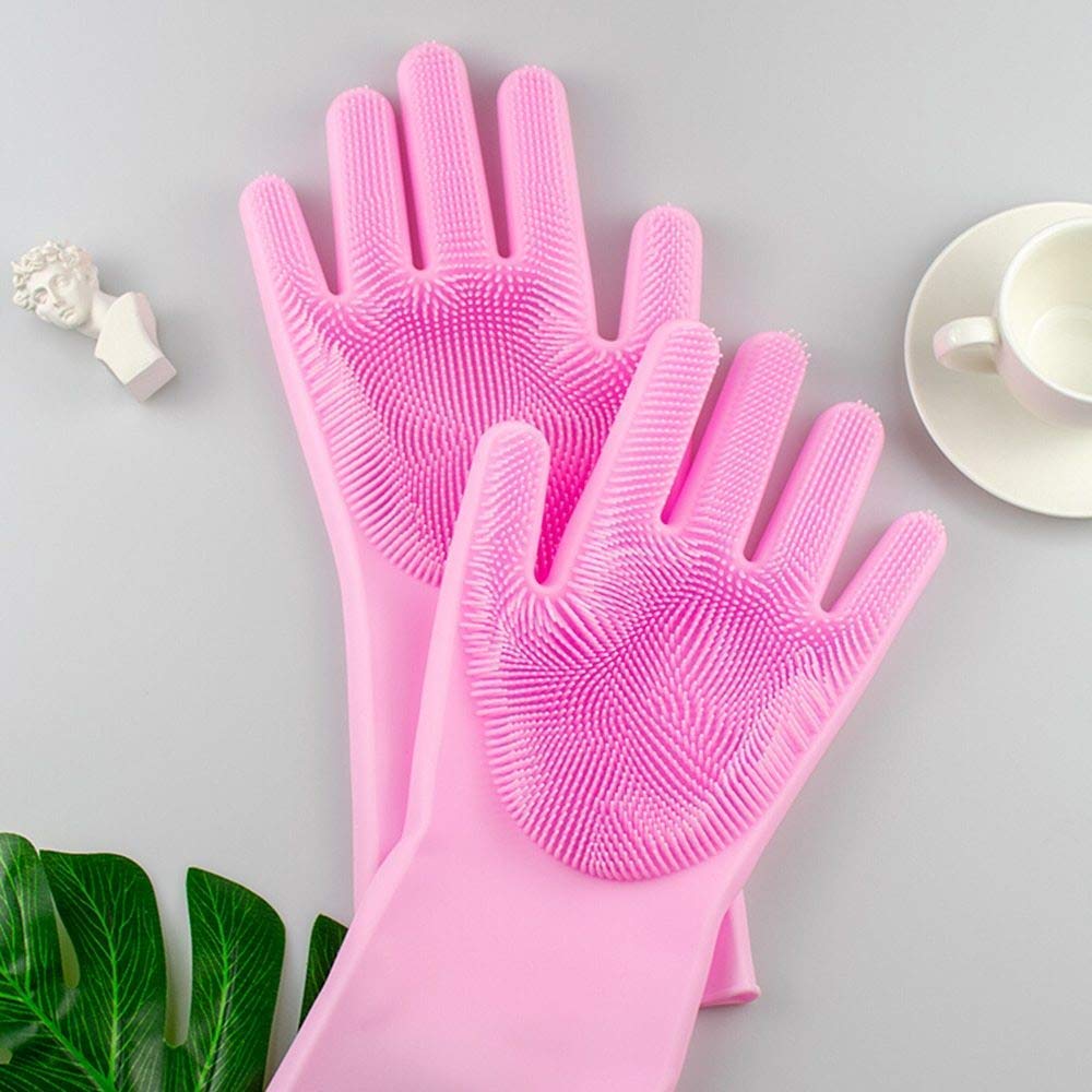 U.S.TRADERS Silicone Hand Gloves with Scrubber, Scrub Cleaning Gloves with Microfiber bristles for Dishwashing and Pet Grooming etc. (Multi Color, 1 Pair)