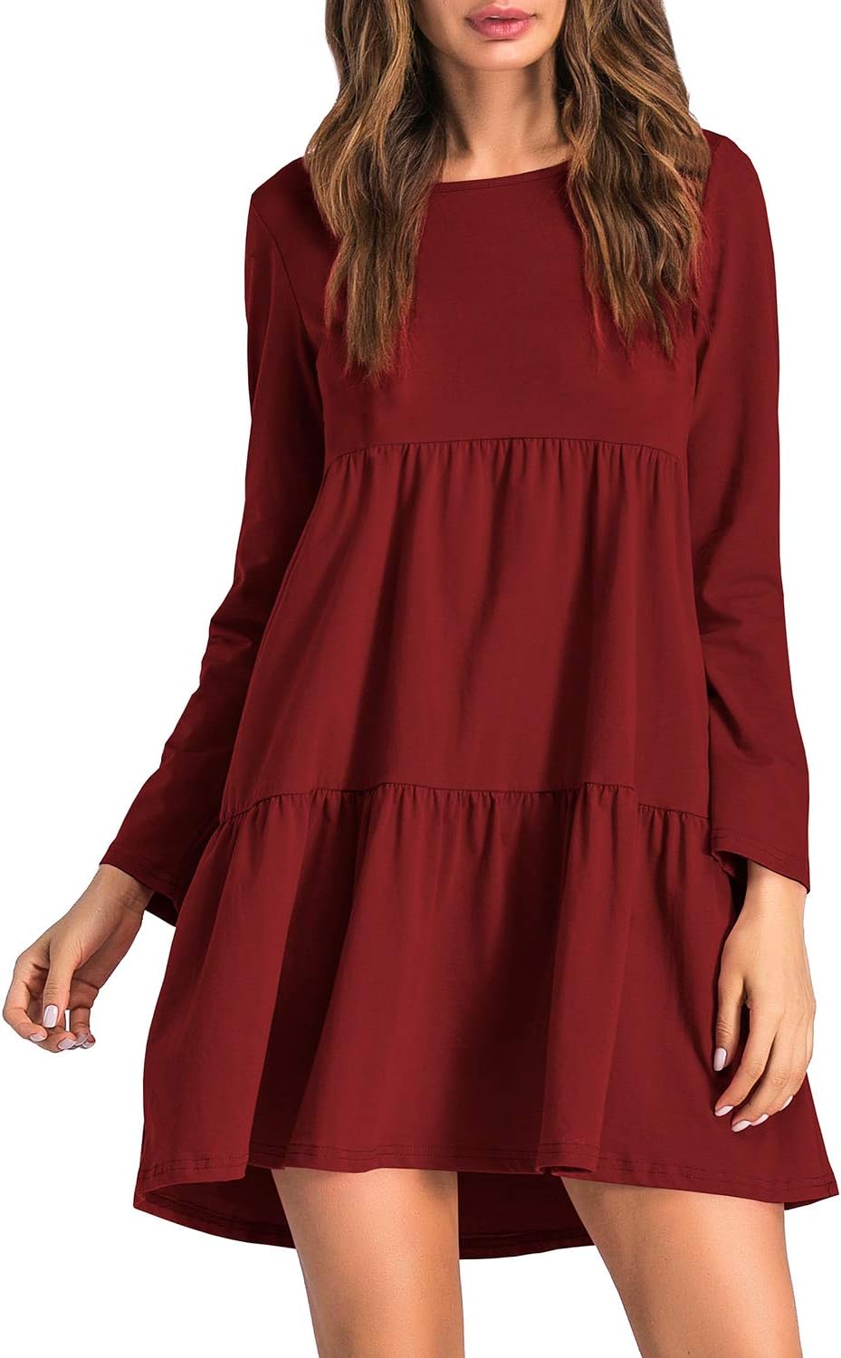 Womens Long Sleeve Loose Dress Round Neck Pleated Swing Casual Dresses