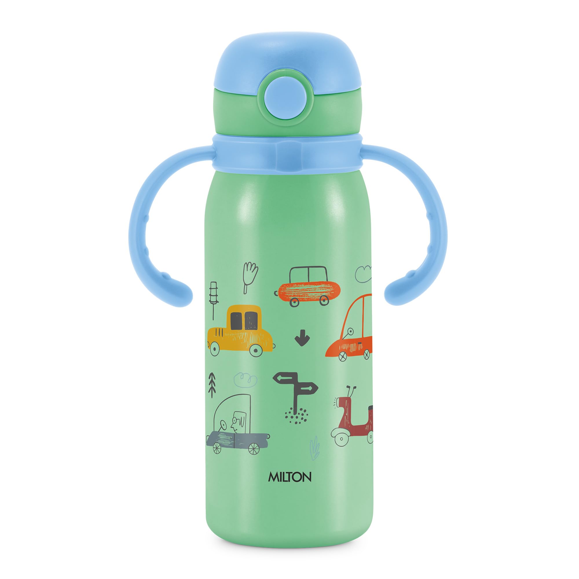 MILTON Fountain 650 ISI Certified Stainless Steel Water Bottle, Leak Proof, Rust Proof, Single walled,1 Yr Warranty, Ideal Sipper Water Bottle for School Kids Bottle, 625 ml, Aqua Green (Cars)