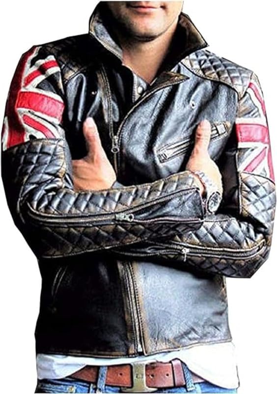 Men's Vintage Cafe Racer UK Flag Quilted Motorcycle Leather Jacket | Patriotic Biker Jacket for Men British