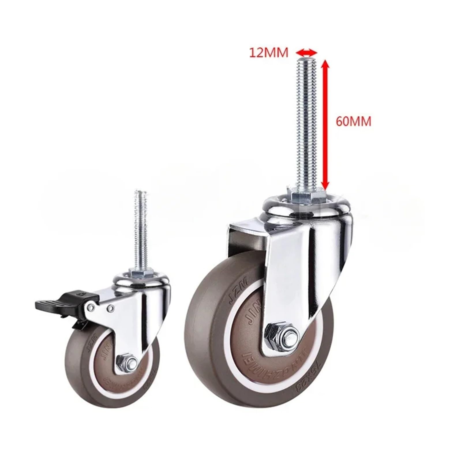 TQKEBWGW 4Pcs Swivel Rubber Caster Industrial Castors, M12x60mm Threaded Stem Locking Casters(Type 1,2 inch)