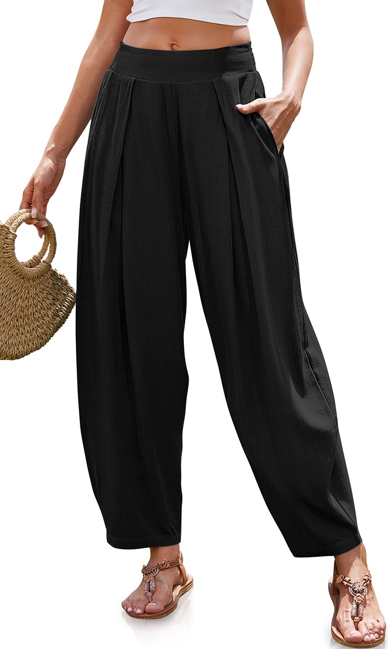 TARSE Womens Linen Harem Pants Loose Fit Boho Pants with Wide Waistband Casual Lounge Trousers for Summer Beach