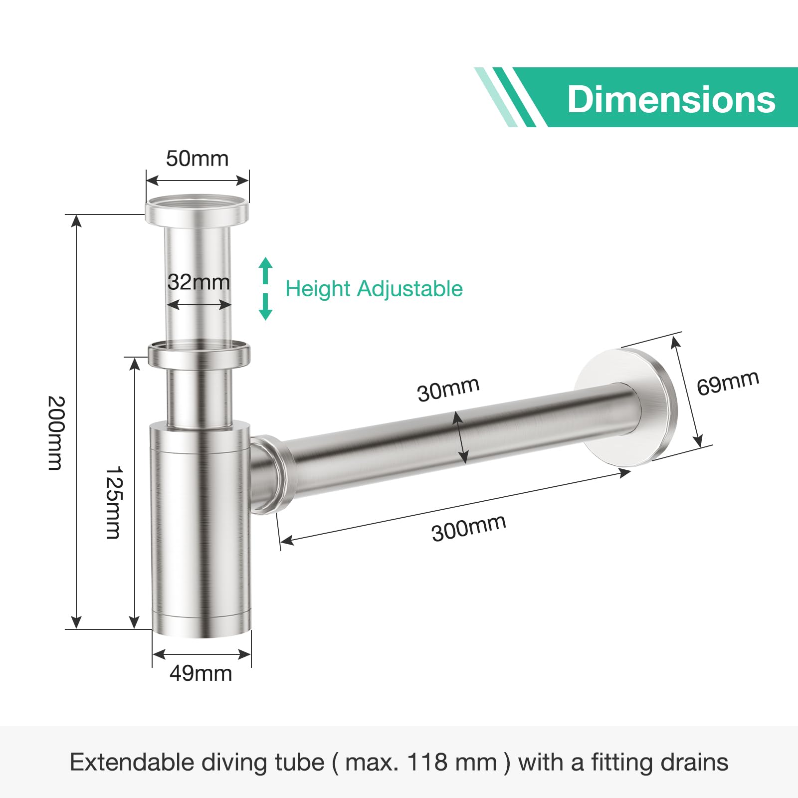 Faustina Sifón universal para lavabo, sifón tubular de 1 1/4 pulgadas, desagüe para lavabo, baño de acero inoxidable cepillado
