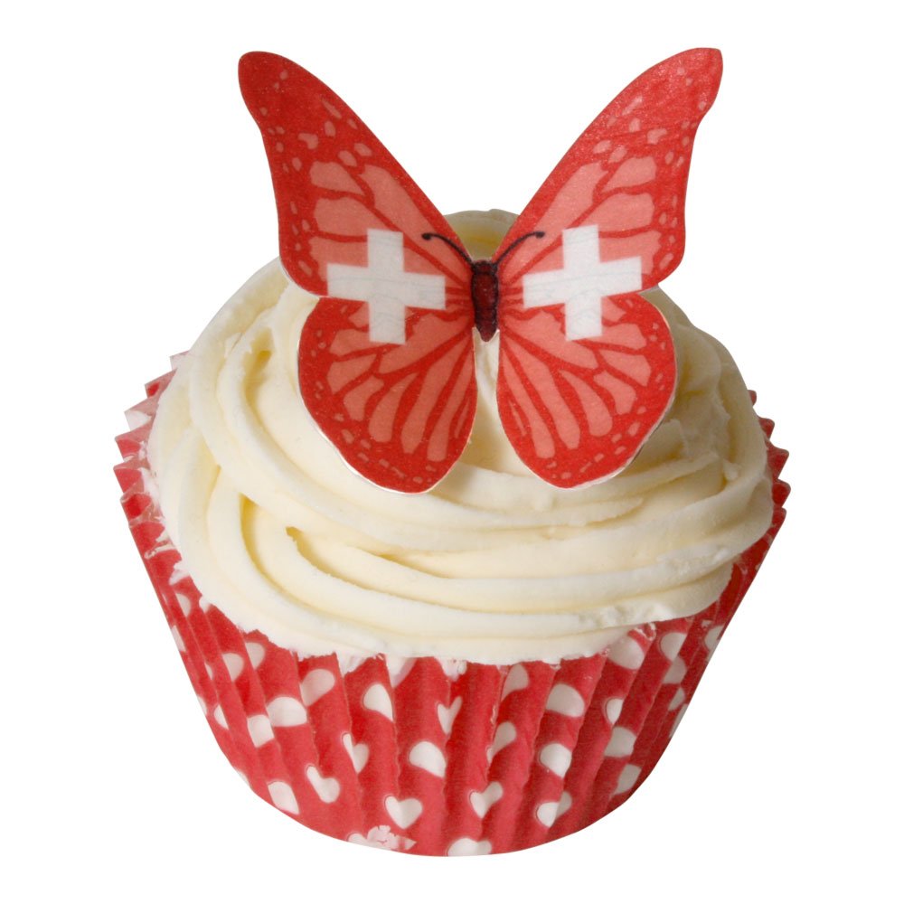 Pack of 12 Edible Wafer Decorations - Swiss Flag Butterflies - Cake Picks - Cupcake Toppers - Cake Decorations 201-118 by CDA Products