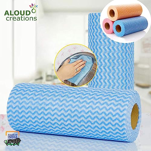 Image of ALOUD CREATIONS Non Woven Reusable Kitchen Towel Roll - Pack of 2 (80 Pulls Per Roll, 160 Sheets) | Highly Absorbent Multipurpose Washable Tissue Rolls For Wipes, Spills and Cleaning Kitchen Slabs