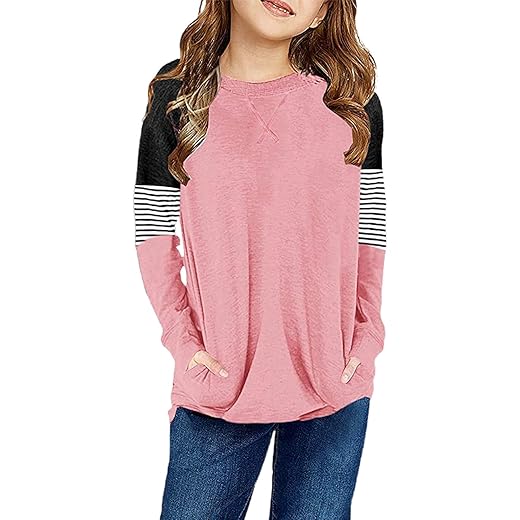 SELINK Girl's Casual Big Kids Long Sleeve Striped Color Block Casual Tees with Pockets
