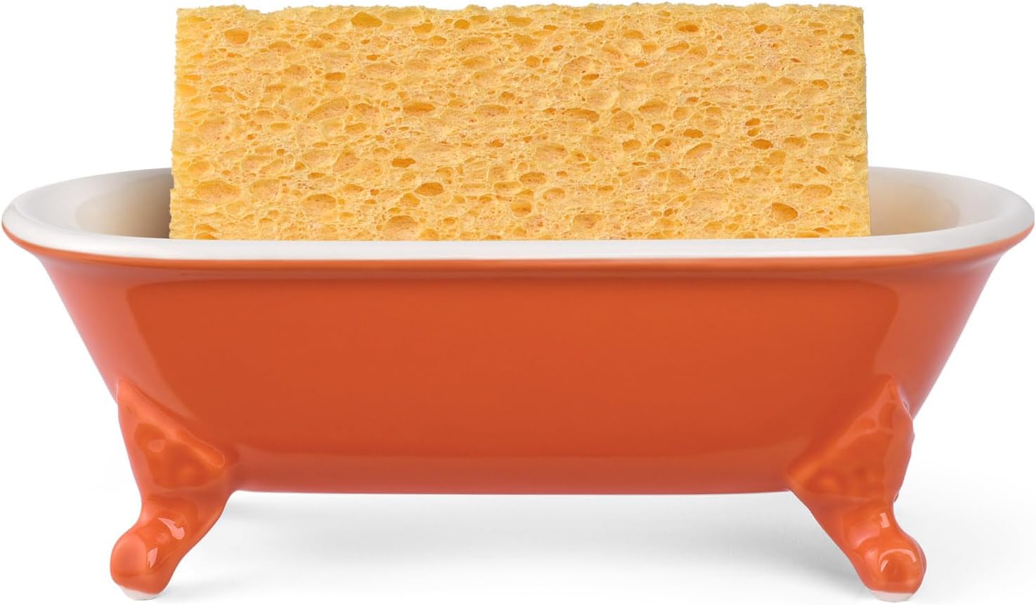 6.5" Ceramic Mini Decorative Clawfoot Bathtub Bar Soap Dish, Kitchen Sponge Holder and Shower Tray for Bathroom, 1 Pack(Dark Orange)