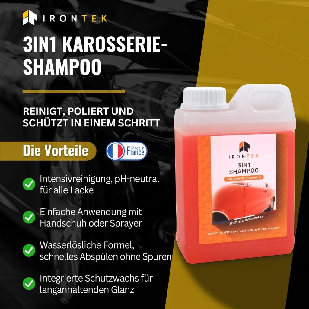 Auto Shampoo mit Wachs - IRONTEK - 1 L | IT318 | 3-in-1 Reinigung Glanz Schutz | pH-Neutral | Alle Lacke