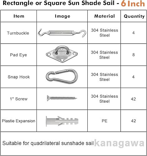 Miniatura 3 de KANAGAWA Kit de accesorios para toldo de 6 pulgadas para instalación de toldo rectangular triangular, acero inoxidable 304 antioxidante para jardín