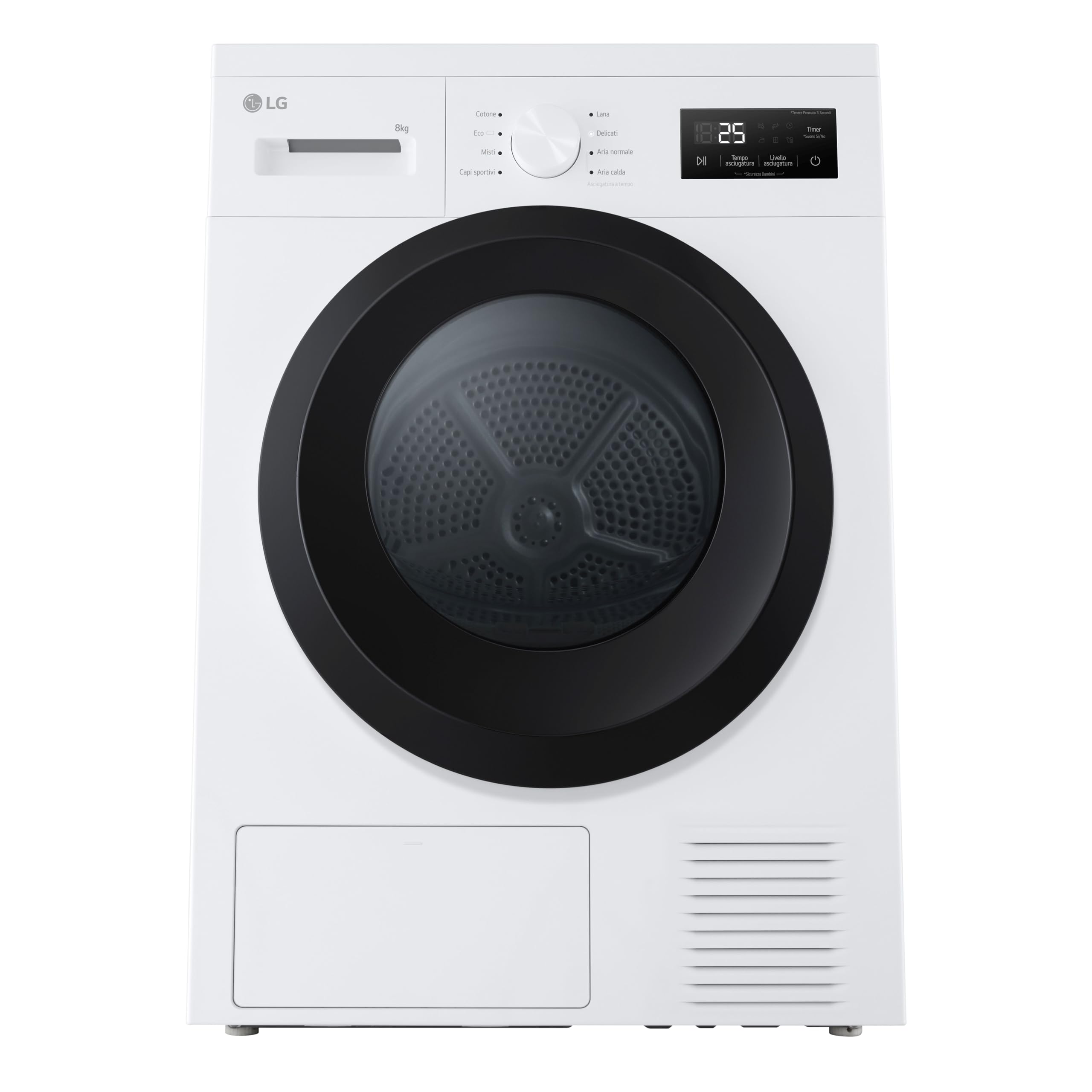 LG RNA1008NWK Asciugatrice Pompa di Calore 8 kg, Classe D, Asciugatura Delicata a Bassa Temperatura con Sensore, Serie A1, 8 Programmi, Cestello in Acciaio Galvanizzato, Bianco