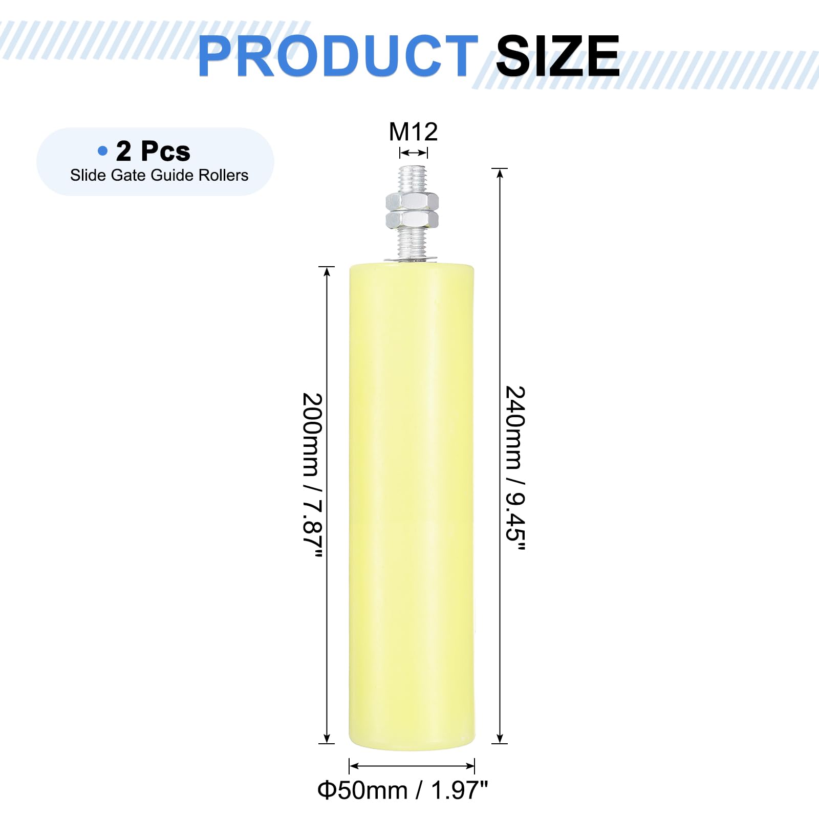QUARKZMAN 2pcs Galet Guide pour Portail Coulissant 50x200mm, M12 Roulette Nylon Guide au Sol pour Porte Grange Coulissante, Roue Universel avec Roulement à Billes Scellé pour Portail, Jaune
