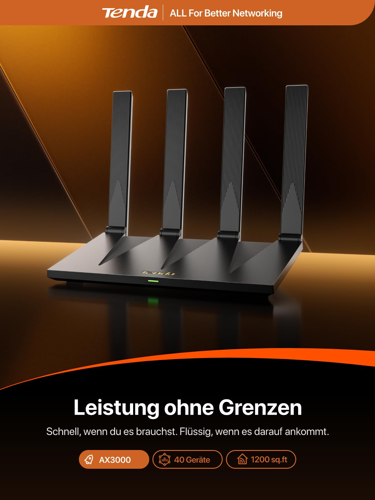 Tenda AX12 Pro WiFi 6 Router AX3000 Dualband (2402Mbps 5 GHz + 574Mbps 2,4 GHz), 7dBi 180° klappbaren Antennen, 4xGigabit Ports, WPA3, EasyMesh, VPN, MU-MIMO, OFDMA, NFC One-Touch Verbindung, ohne DSL