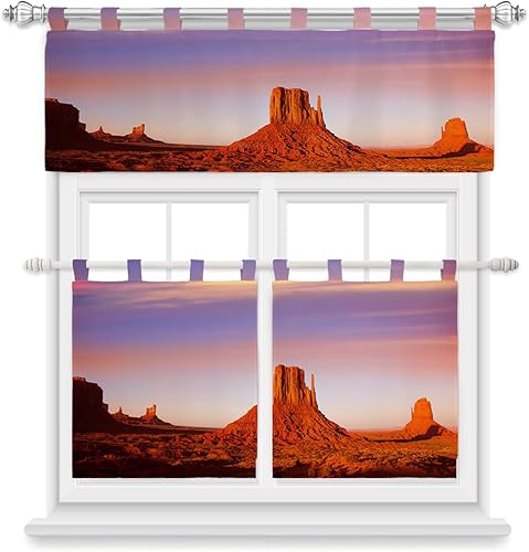 Kitchen Valances for Small Window Tiers 3 PCSs Curtains, Desert Sunset Sundown Sky Natural Sand Building Landscape Short Rod Poket Windows Treatment