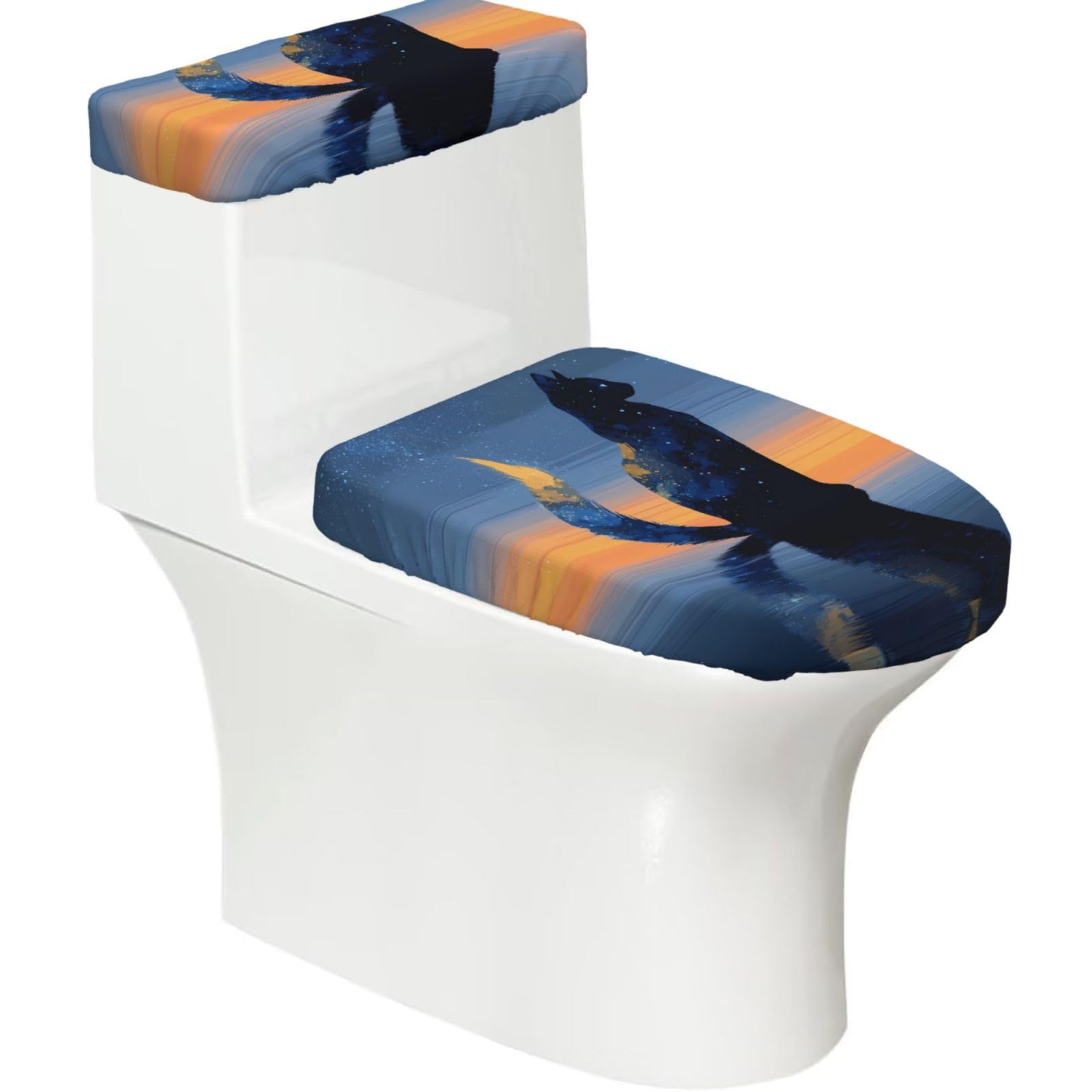 Mrowyc Black Blue Star Kitten Printed Toilet Seat Set - Set Of 2 - Universal Toilet Seat Cover - Housewarming Birthday Christmas Gift