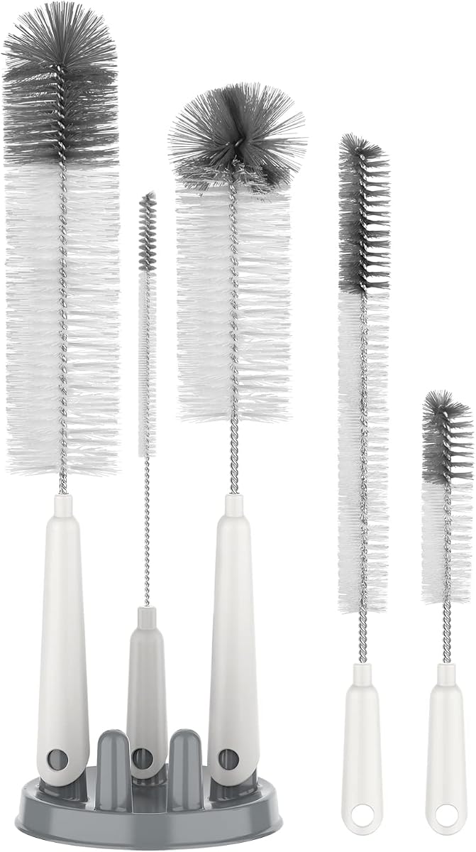 MR.SIGA 5 Pack Bottle Brush Cleaning Set with Storage Holder, White | Water bottle brush with stand, cleaning brushes for long narrow neck bottles, water bottles, baby bottles, drinking glass