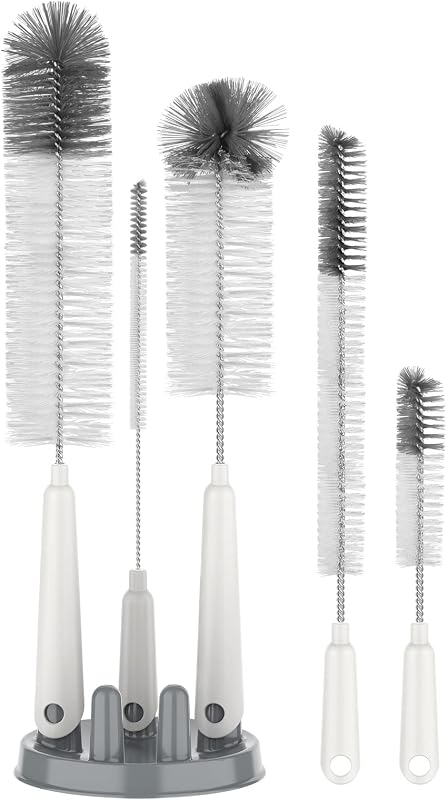 MR.SIGA 5 Pack Bottle Brush Cleaning Set with Storage Holder, White | Water bottle brush with stand, cleaning brushes for long narrow neck bottles, water bottles, baby bottles, drinking glass