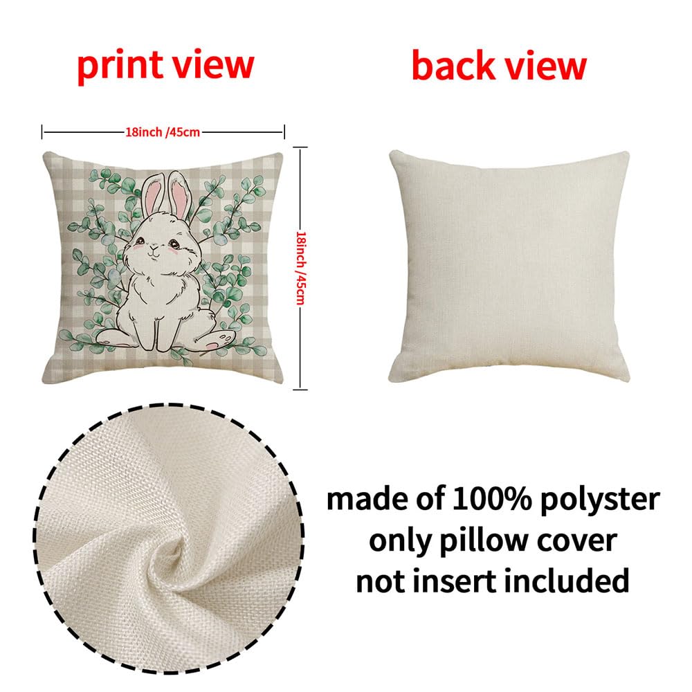 Tiuyzsle 4pcs/Set Easter Pillow Covers 18x18 - Happy Easter Plaid Rabbit Design with Eucalyptus Leaves and Hello Spring - Ideal Cushion Case Decoration for Sofa Couch, HA3570