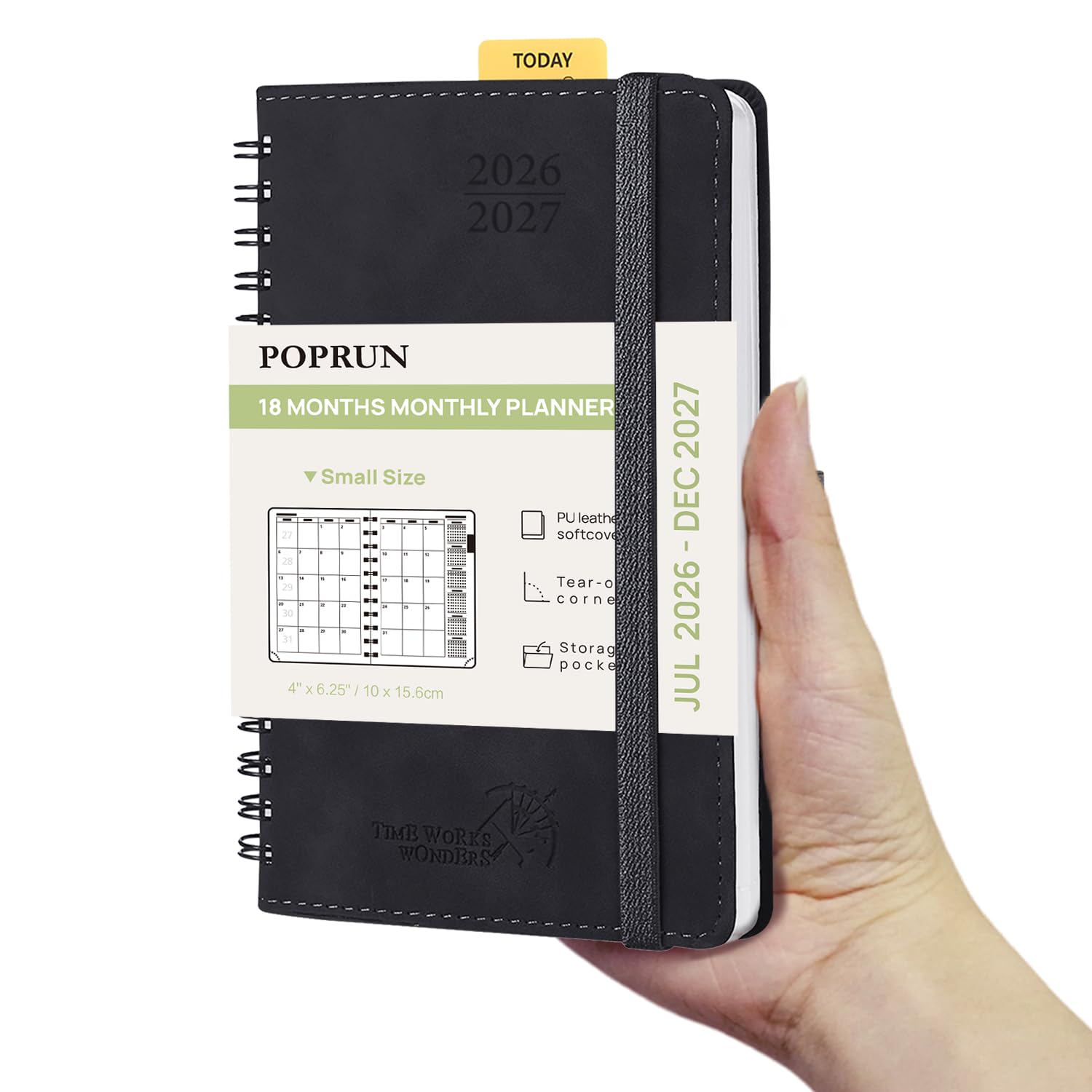 POPRUN 18 Month Planner (Jul'26 - Dec'27) 2026-2027 A6 (16x10.5cm) Pocket Month to View only Spiral Soft Cover 26/27 Monthly Planner,Sunday Start(Black) โ image 1