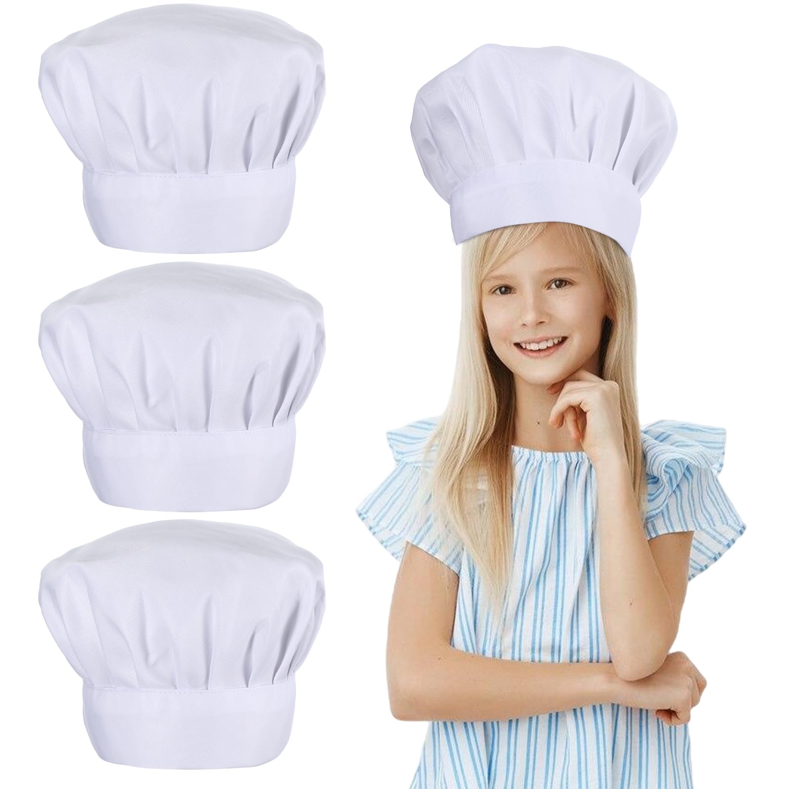 Teaaha 3 gorros de cocinero ajustables para niños, gorro de chef unisex de polialgodón, gorro de cocina para niños, para cocinar, hornear, gastronomía, casa, cocina, escuela y restaurante (blanco)