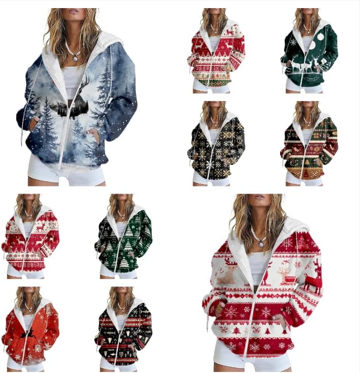 Women's Christmas Zip Up Graphic Hoodie Comfy Casual Long Sleeve Sweatshirt - Image 4