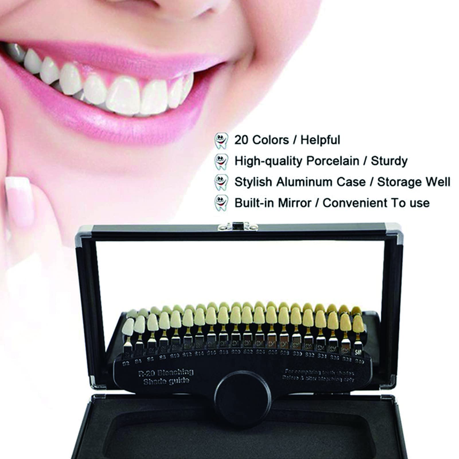 Comparateur de couleur dentaire - Guide d'ombre dentaire - 20 couleurs - Kit de blanchiment des dents 3D - Avec miroir - Blanchiment des dents - Soins buccaux