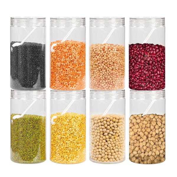 Image of PEARLPET Plastic Containers for Kitchen Storage | Plastic Container Set with Spoon | BPA-Free, Stackable Jars | Transparent, 1700ml (Set of 8)
