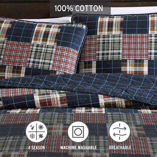 Image of Eddie Bauer - Twin Quilt Set with Sham, Reversible Cotton Bedding, Lightweight All-Season, Dorm Room Essentials, Madrona Plaid Navy /Red