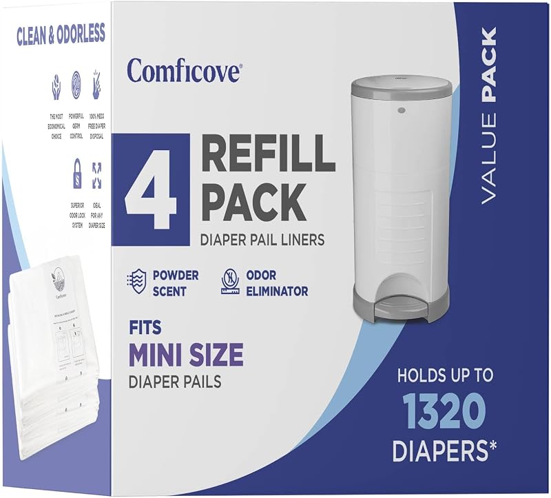 Recambios Comficove compatibles con pañales DEKOR MINI | Paquete de 4 | Forros de recambio de pañales extra gruesos | Aroma fresco | Fácil de reemplazar y desechar la bolsa de pañales | Desecho de pañales para bebés sin olor
