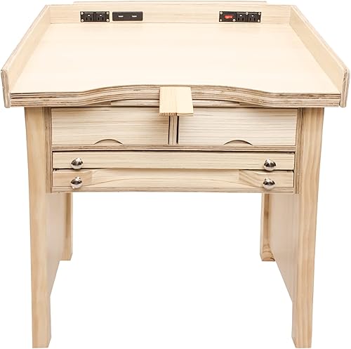 Noble Pack Signature Jewelers Banco de trabajo inteligente de madera resistente con cajones, parte superior de madera maciza, tomas de corriente y