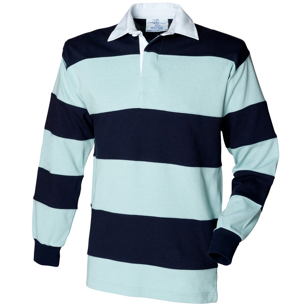 Front Row Men's Navy Blue Sewn Stripe Long Sleeve Rugby Shirt Duck Egg/ Navy M