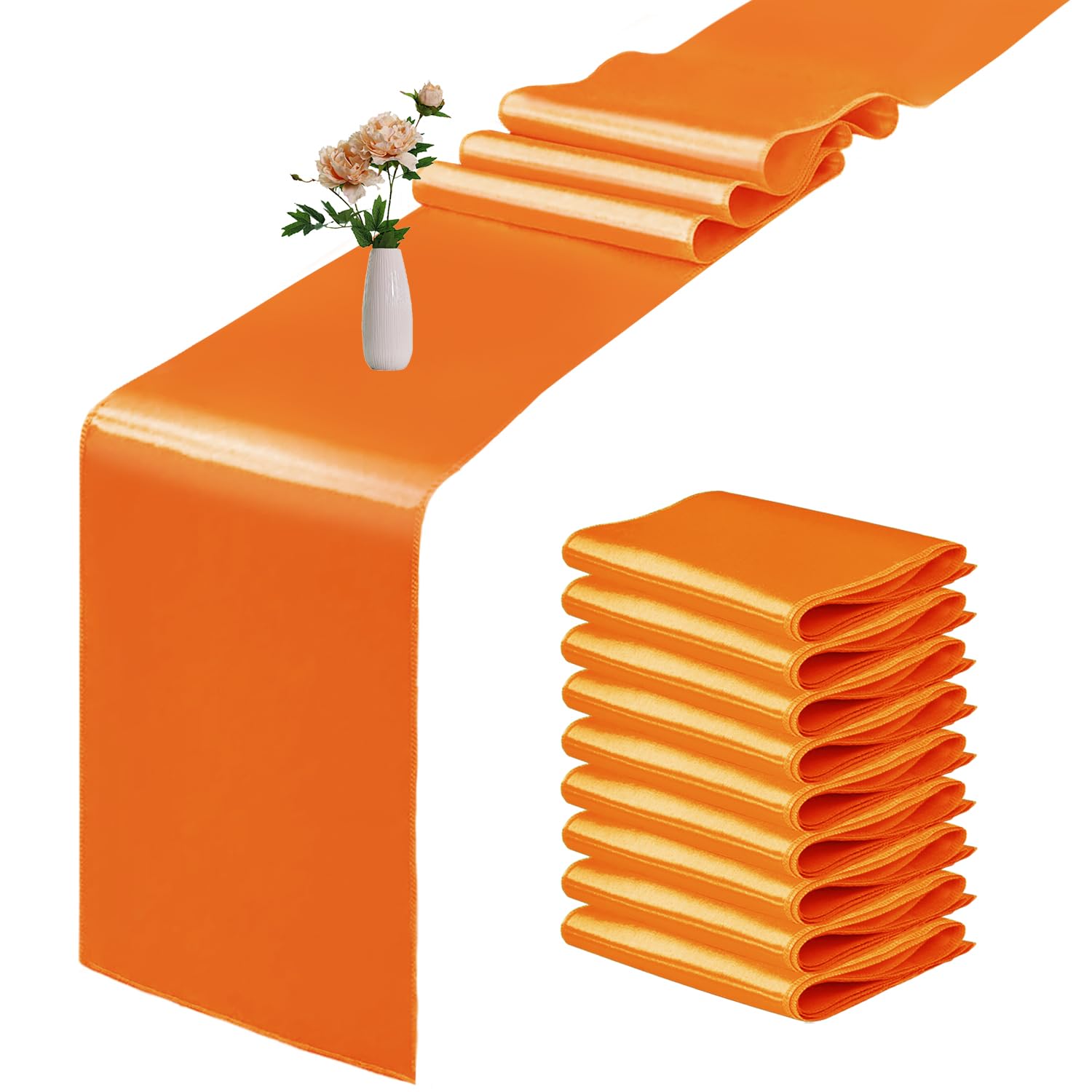 Photo 1 of 10 Pack Satin Table Runner 12 x 108 Inch Long Orange Smooth Silk Fabric Table Runner for Birthday Parties Wedding Banquets Decorations.