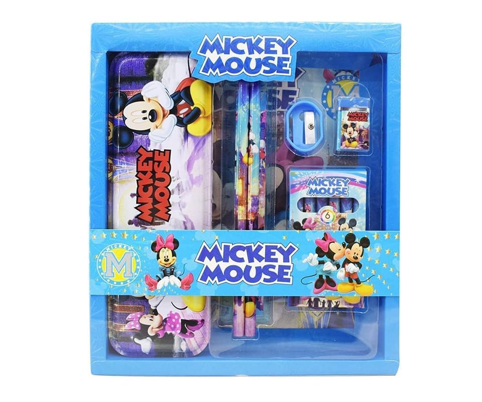 Image of Micky Mouse Stationary Kit with 1 Pencil Box Case 2 Pencils 6 Crayon Colors 2 Space Gel Pen 1 Ruler Scale Eraser Sharpener Kit for Kids (Character As Per Available)